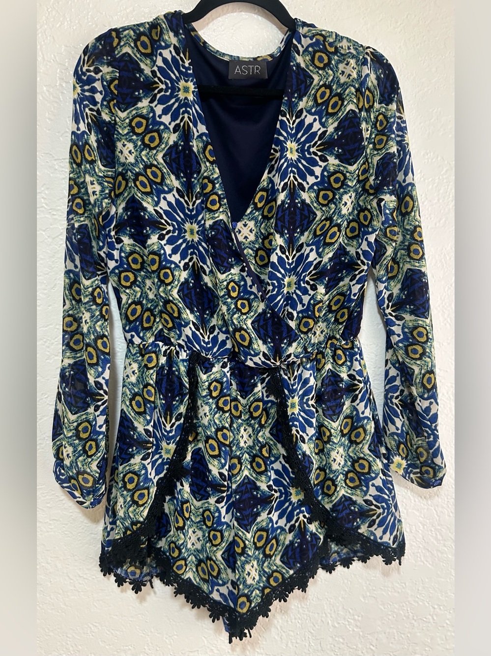 ASTR Navy, Green & White Printed Wrap Romper with Blace Lace Trim